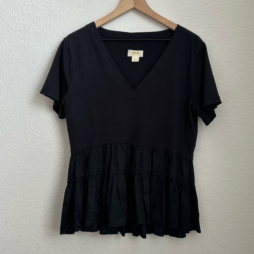 Anthropologie Women’s Maeve Black Cotton V-Neck Ruffle Hem Top Blouse Size S - Picture 11 of 12